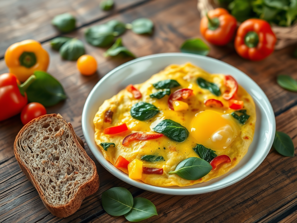 Healthy Veggie Omelet with Whole Grain Toast, for&nbsp;one.