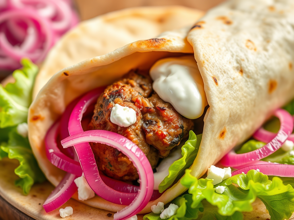 Lamb Kofta Wraps with Tzatziki and Pickled&nbsp;Onion