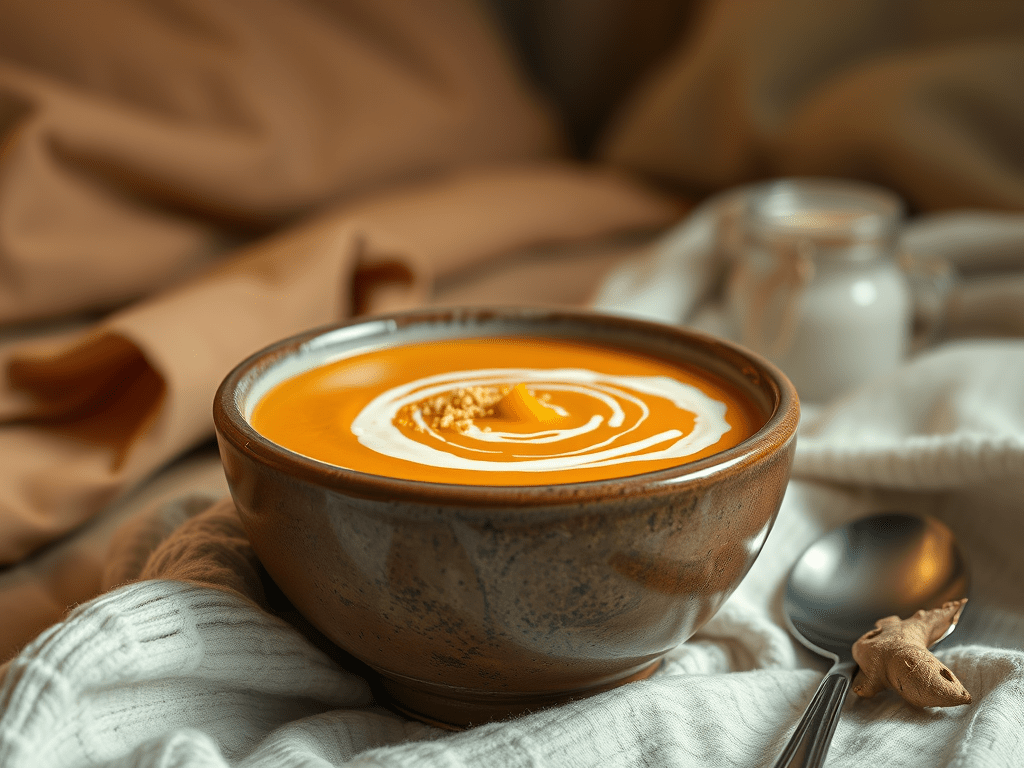 A bowl of deliciously nourishing and home made Pumpkin Soup