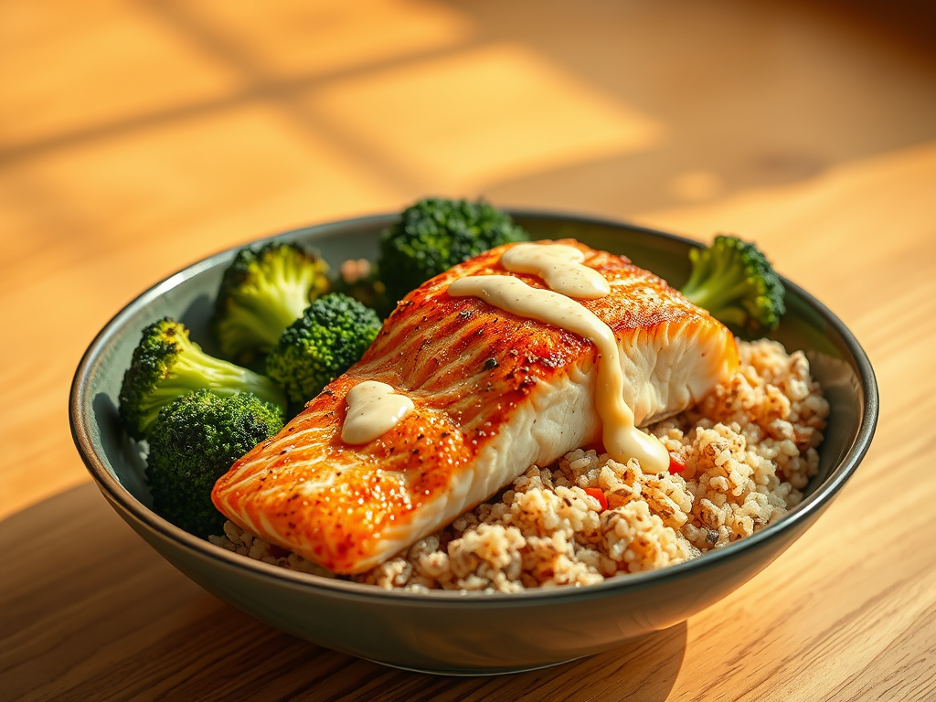 Salmon, Quinoa & Broccoli Bowl with Lemon-Tahini&nbsp;Drizzle