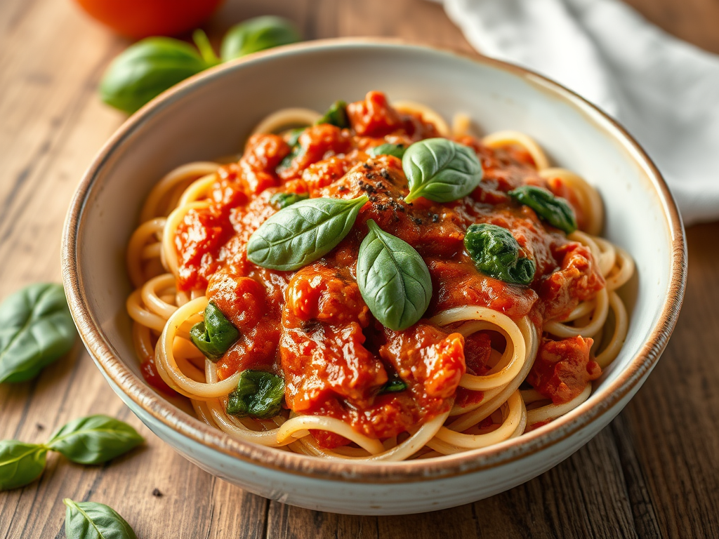 Wholemeal Pasta with Tomato Basil Sauce and&nbsp;Spinach