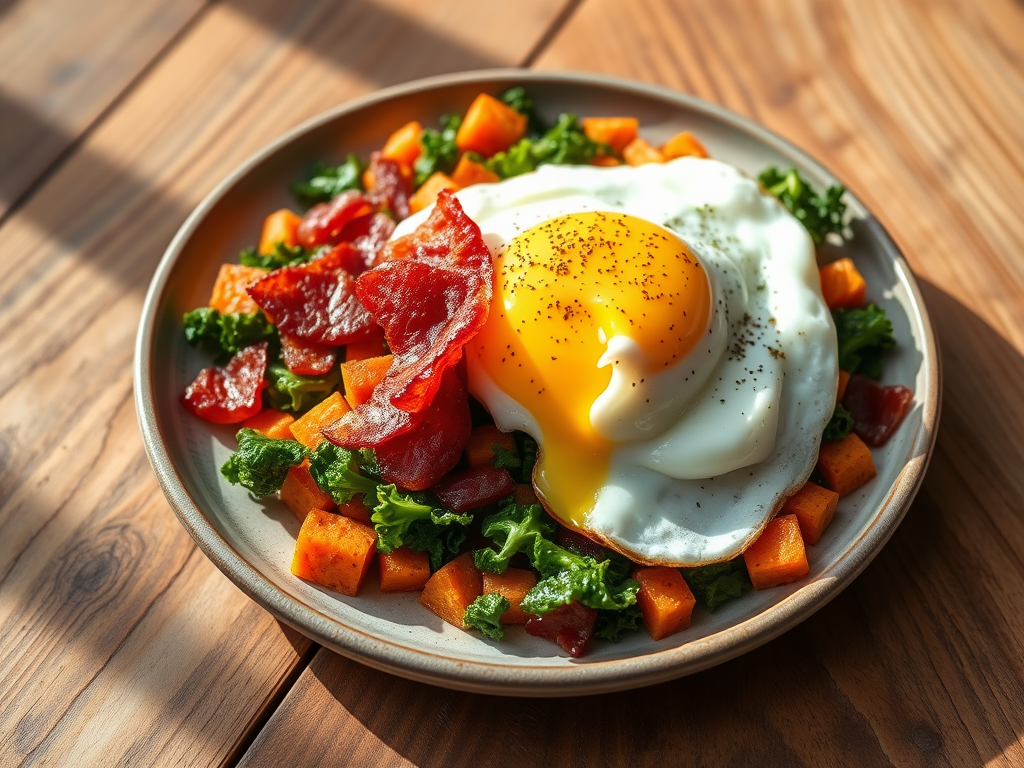 Sweet Potato, Bacon & Kale Hash (with a Runny&nbsp;Egg)