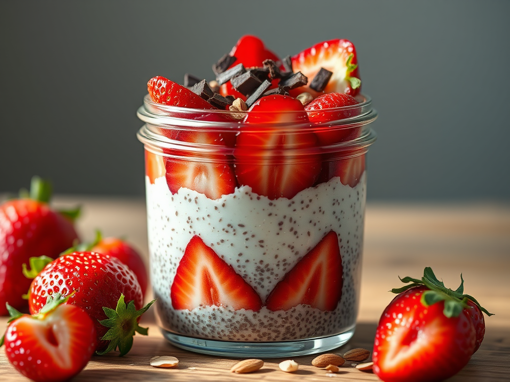 Strawberry Chia Pudding with Almonds & Dark Chocolate Shavings for&nbsp;One