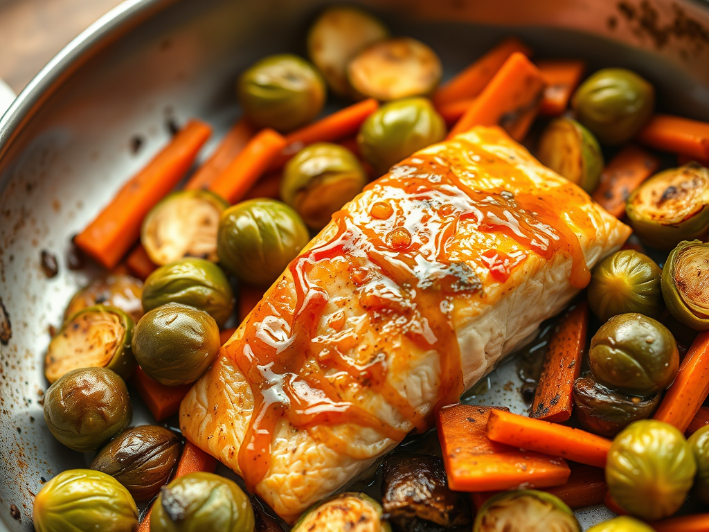 One-Pan Maple Mustard Salmon with Brussels Sprouts &&nbsp;Carrots