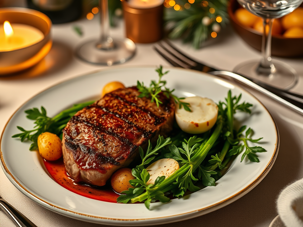 Steak or Halloumi with Garlic Greens & Crispy&nbsp;Potatoes