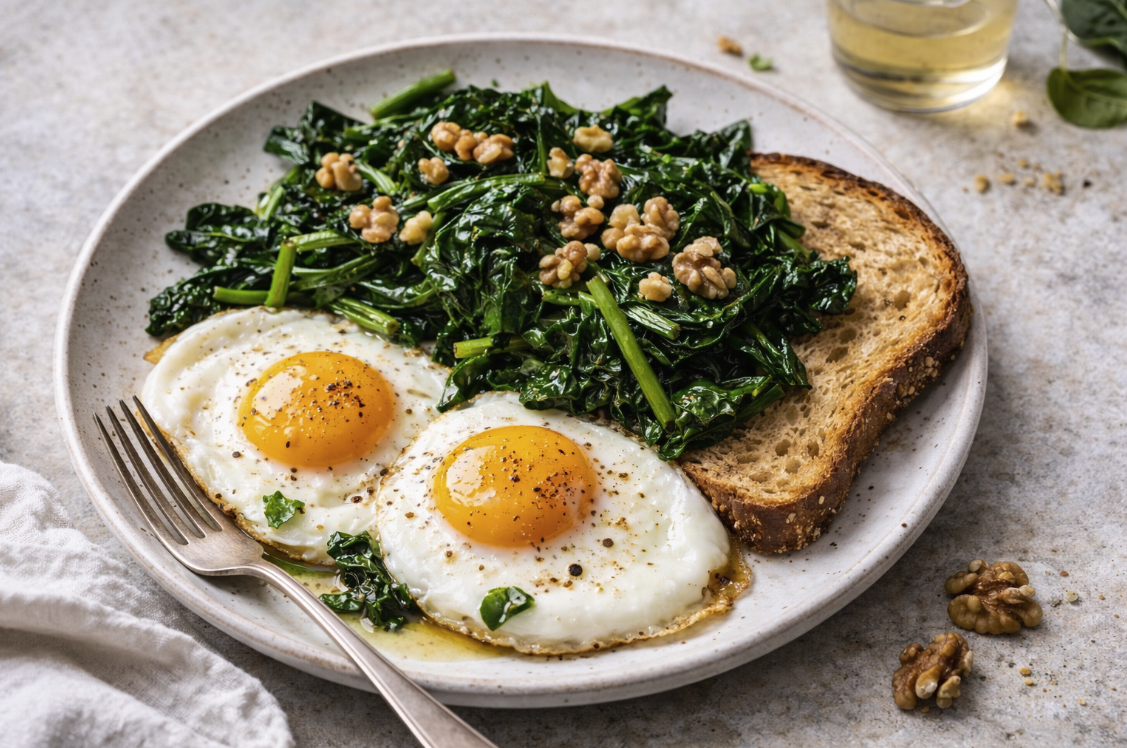 Eggs with Sautéed Greens, Walnuts & Wholegrain Toast (Single&nbsp;Serve)