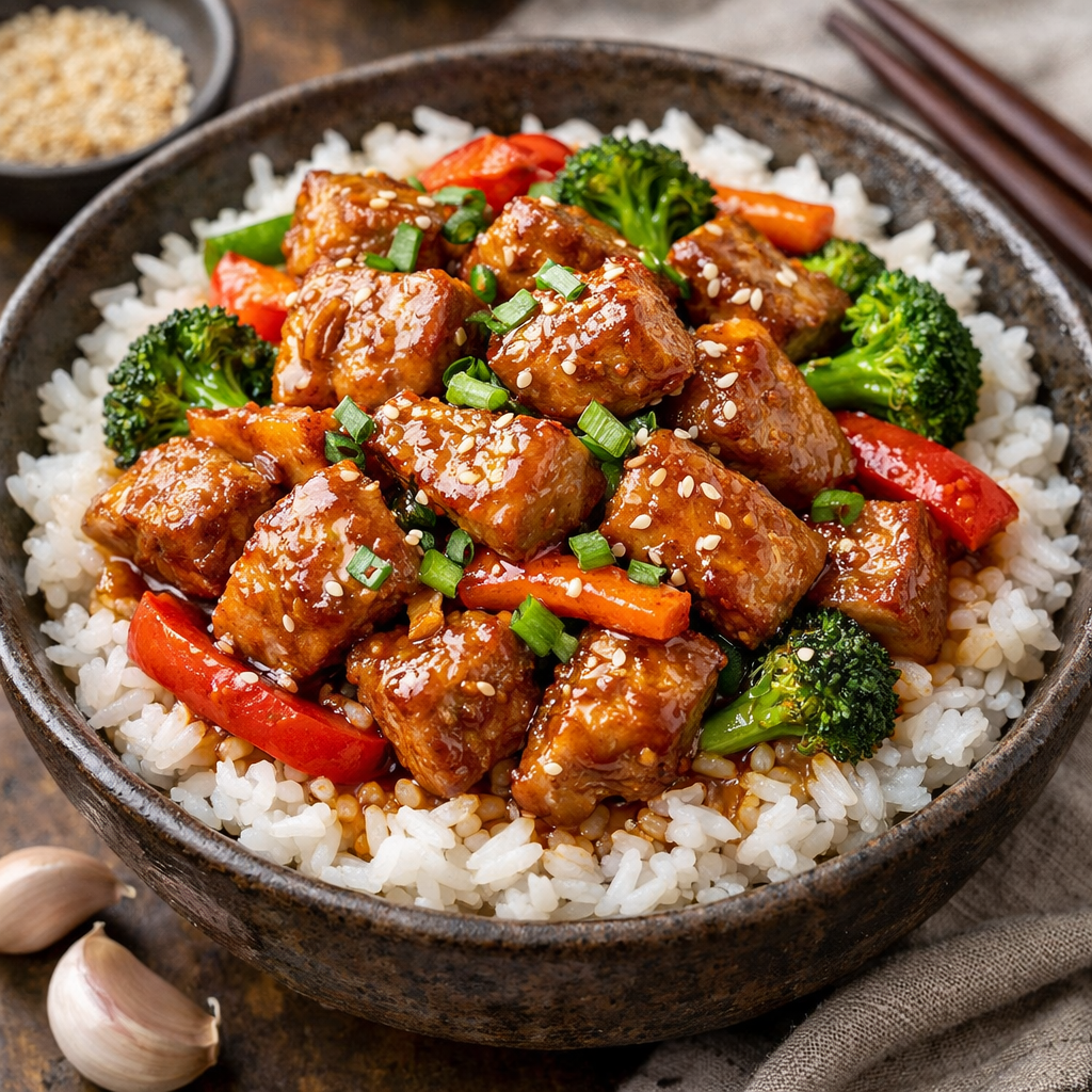 Teriyaki tofu cubes with broccoli, red bell peppers, and carrots over white rice sprinkled with sesame seeds and chopped green onions