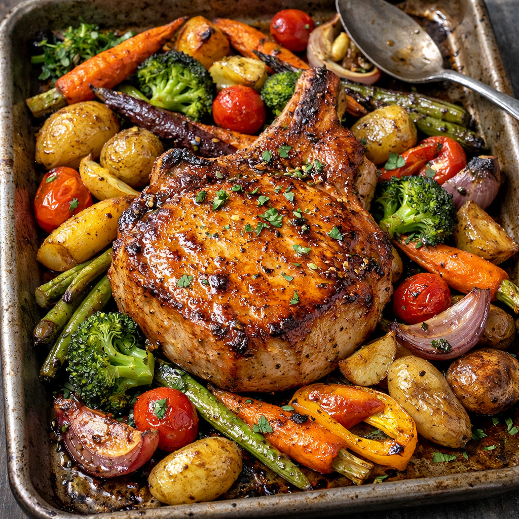 Grilled pork chop with roasted baby potatoes, carrots, broccoli, cherry tomatoes, green beans, and onions on a baking tray.