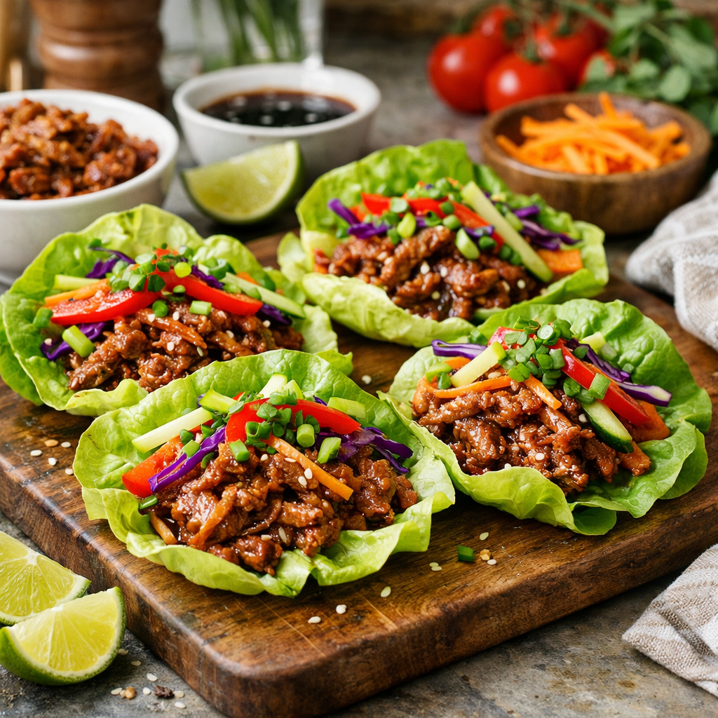 Four lettuce wraps filled with seasoned meat, red peppers, shredded carrots, purple cabbage, cucumber, and green onions