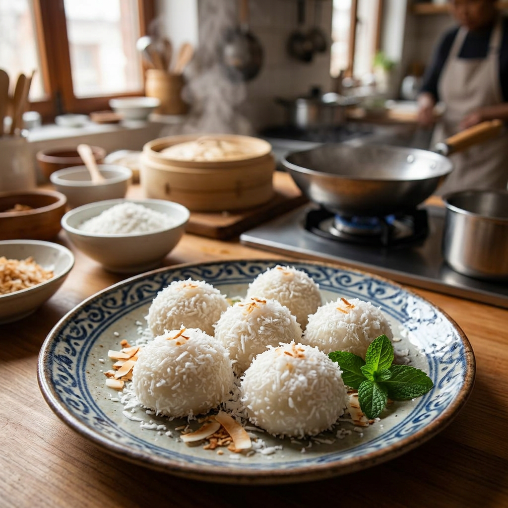 Steamed coconut rice balls garnished with toasted coconut flakes and mint leaves on a plate