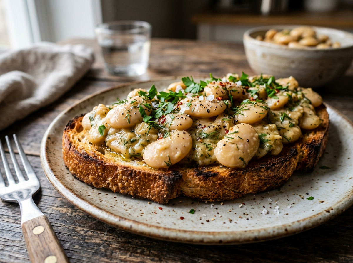 Toasted bread slice topped with creamy herbed butter beans garnished with black pepper and chopped parsley