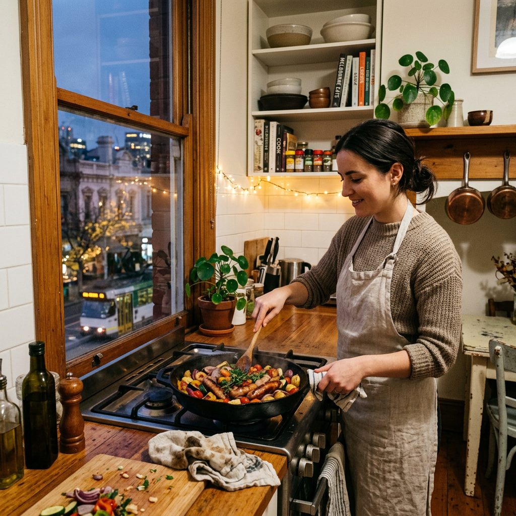 Woman in apron stirring vegetables and sausages in a pan on stovetop in cozy kitchen at dusk