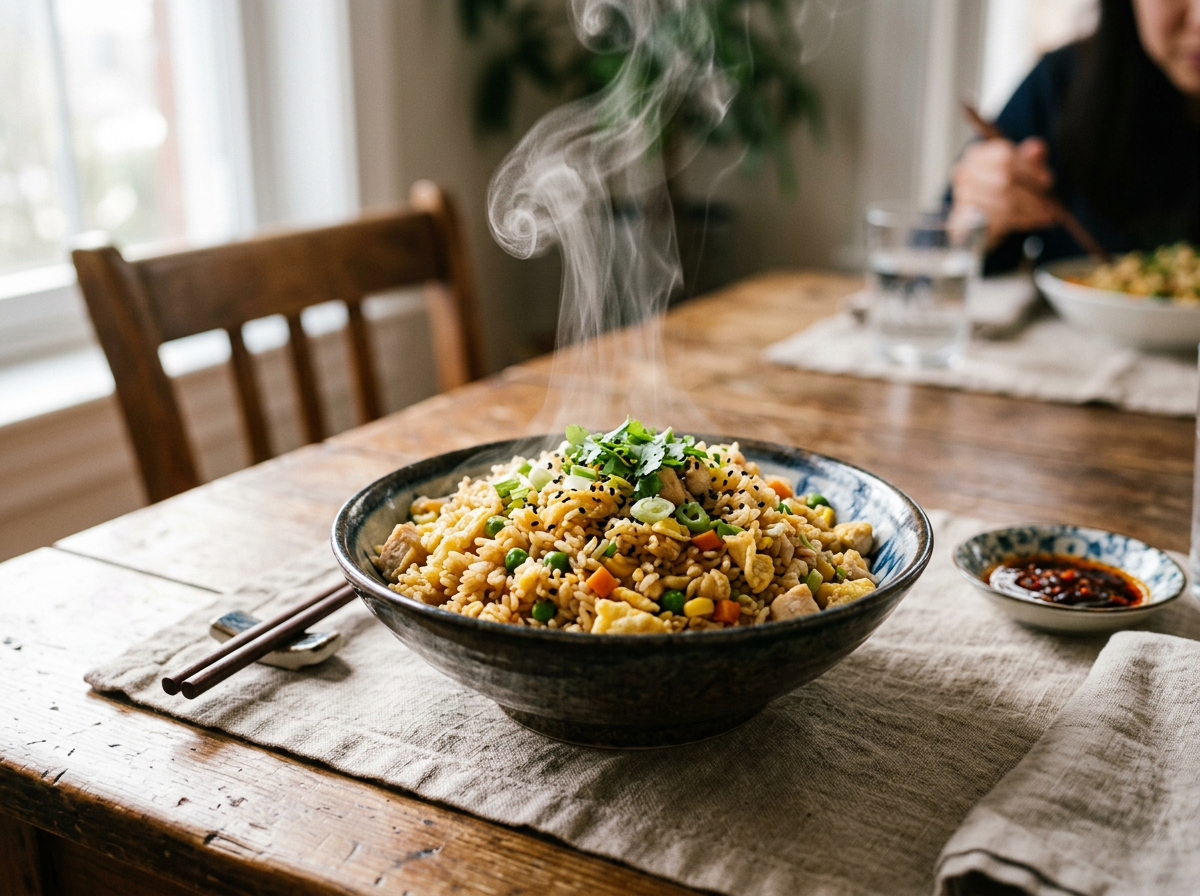 Bowl of steaming fried rice with vegetables and egg garnished with green onions and sesame seeds