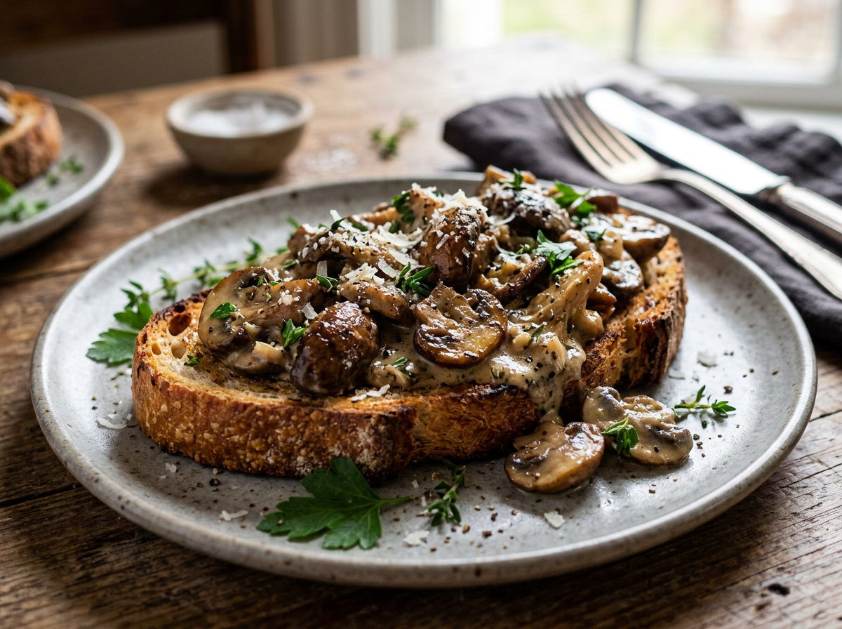Toasted bread topped with creamy mushroom sauce and garnished with herbs