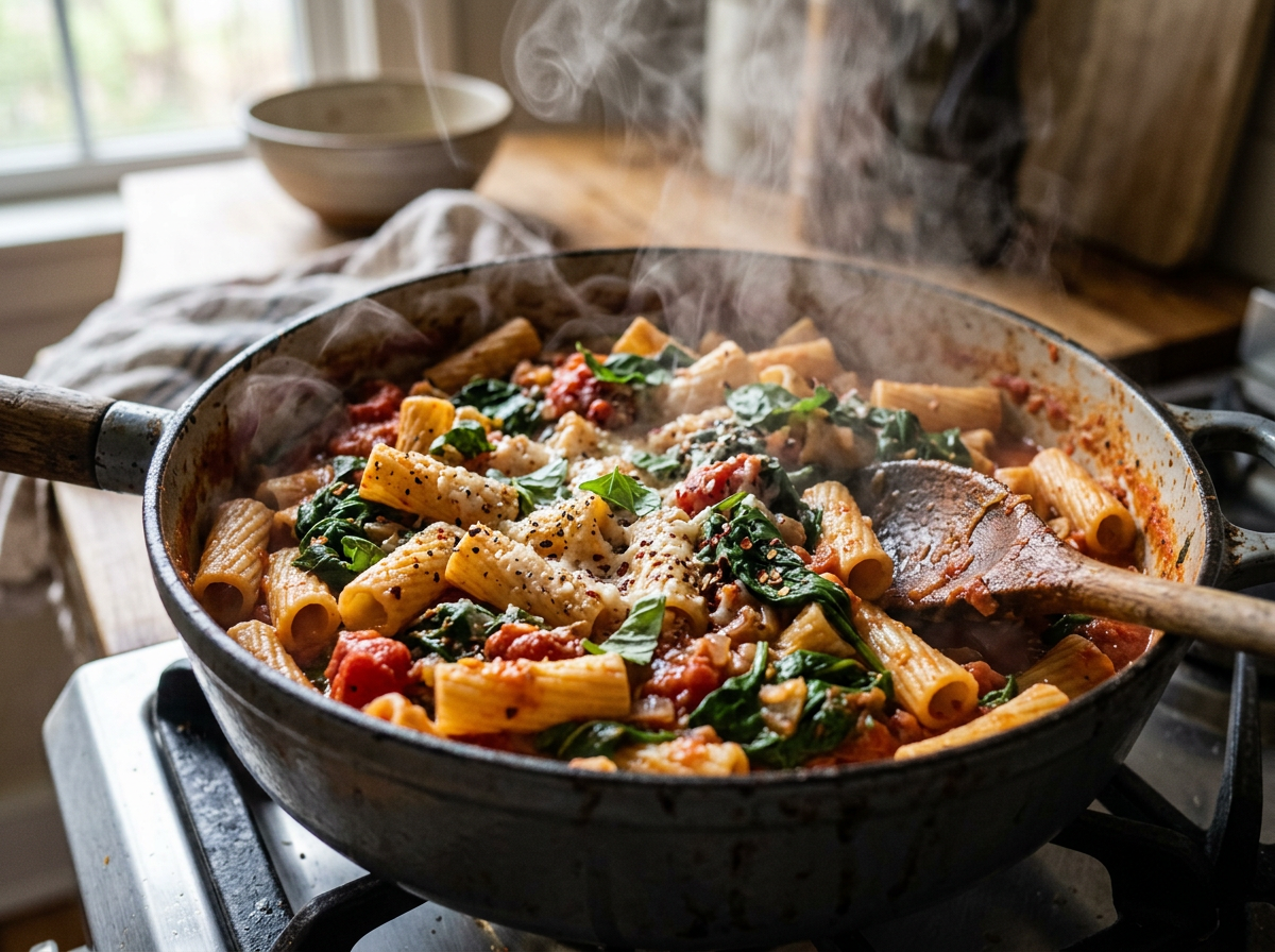 Rigatoni pasta with tomato sauce, spinach, and parmesan in a skillet