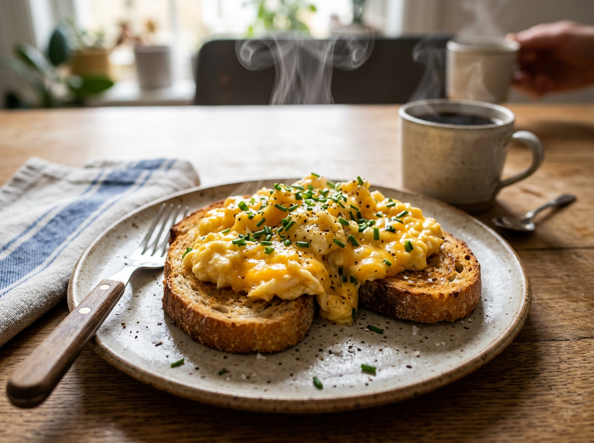 Scrambled eggs garnished with chives on two slices of toasted bread on a plate with a cup of coffee in the background