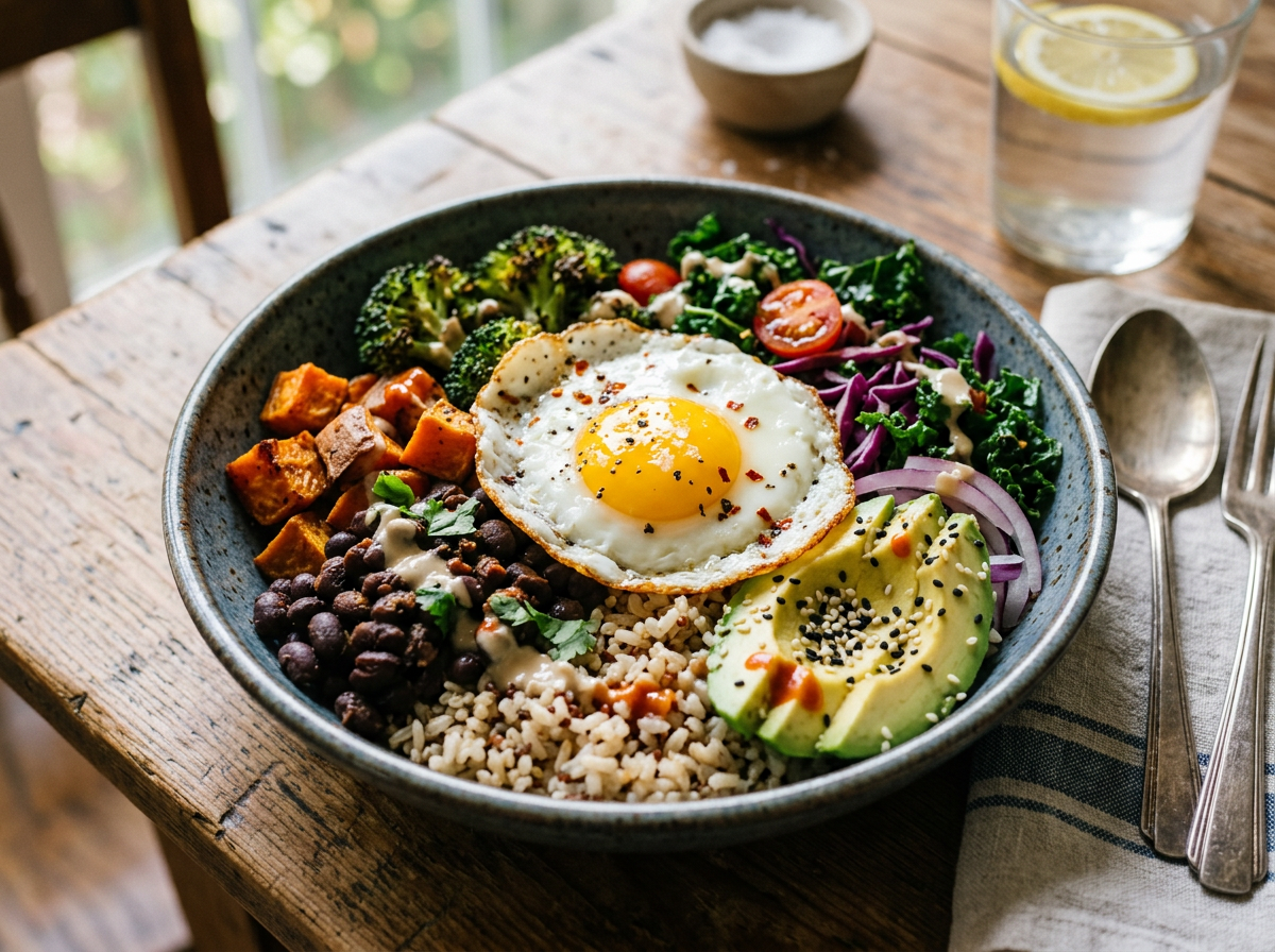 Bowl with rice, black beans, roasted sweet potatoes, kale, avocado, cherry tomatoes, red onion, broccoli, topped with a fried egg and sesame seeds
