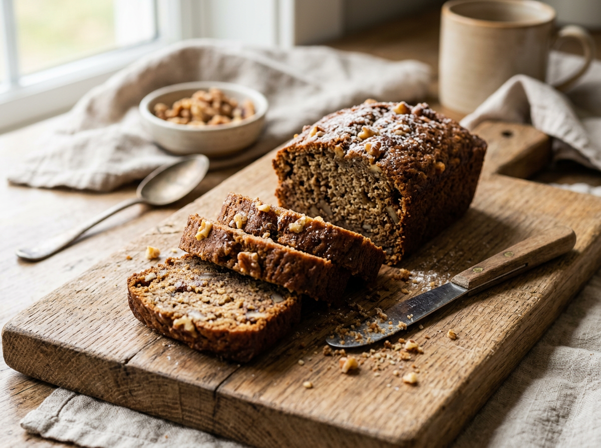 Sliced banana nut bread with walnuts on wooden cutting board