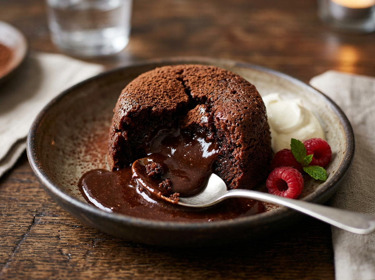 Molten chocolate cake with melted chocolate center, cream, and raspberries on a plate