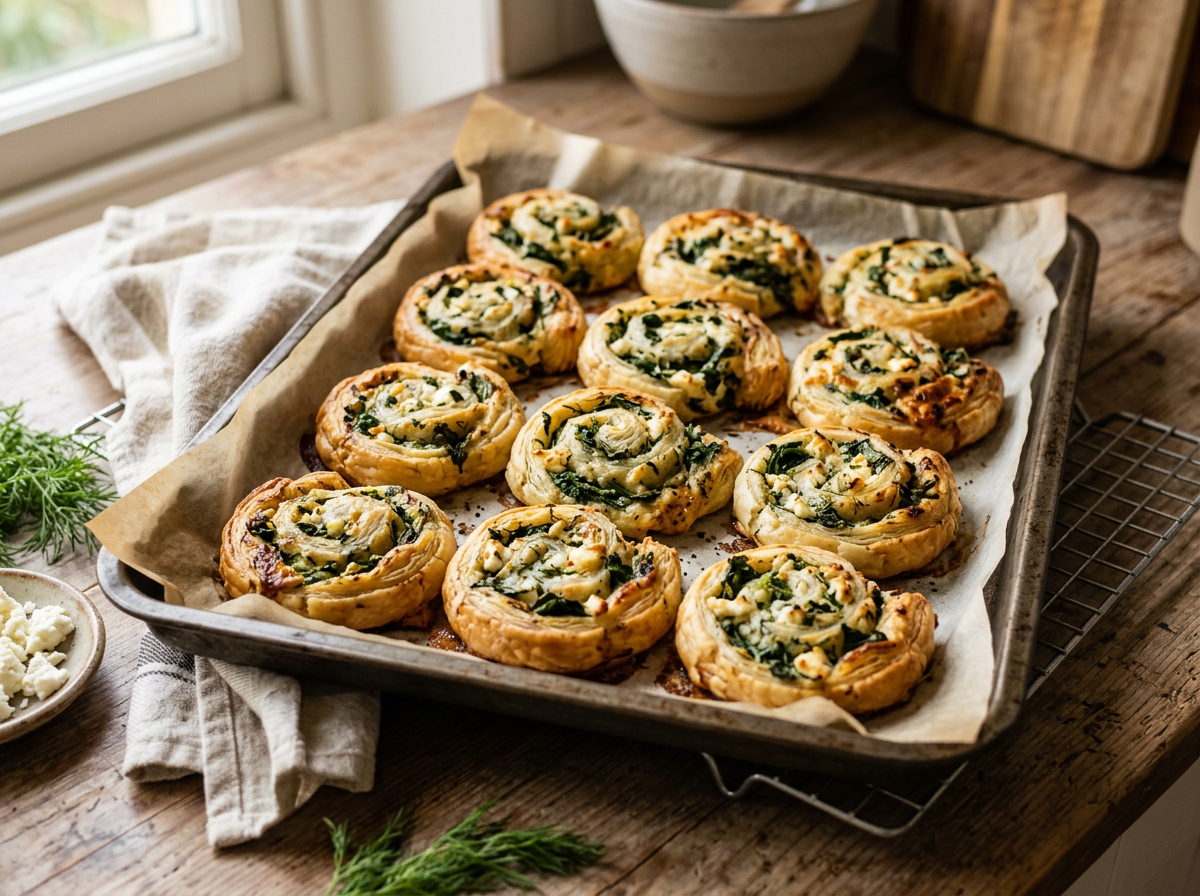 Baked spinach and feta puff pastry pinwheels on parchment paper-lined baking tray
