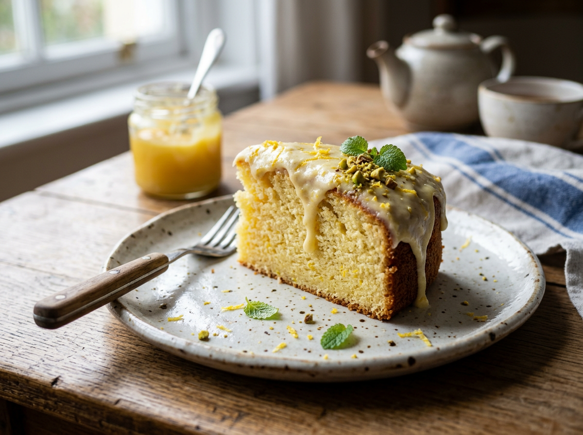 Slice of lemon drizzle cake topped with icing, pistachios, and mint leaves