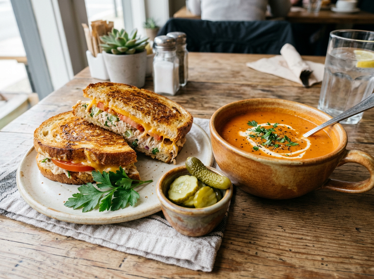 Grilled cheese sandwich with tomato, served with tomato soup and pickles