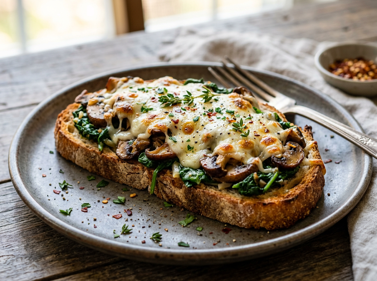 Open-faced sandwich with sautéed mushrooms, spinach, and melted cheese on toasted bread