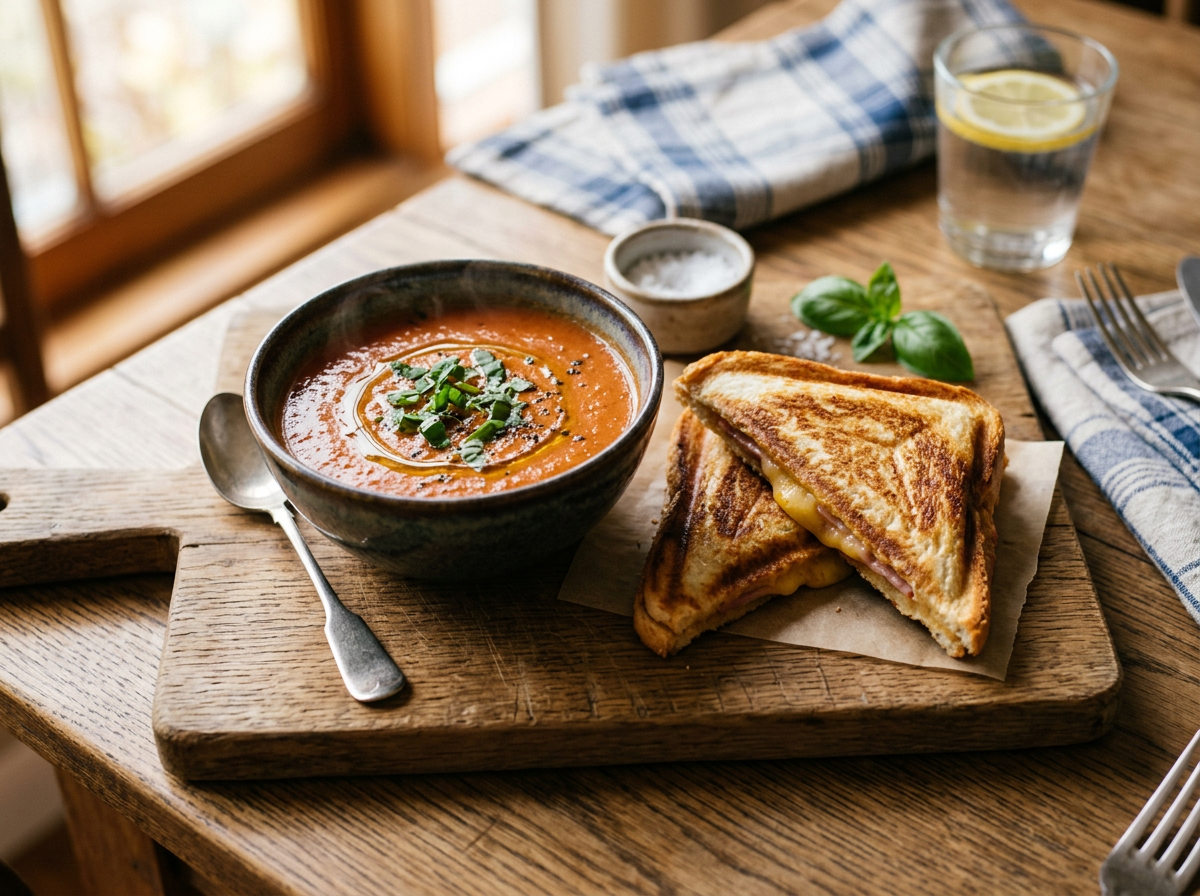 Bowl of tomato soup garnished with herbs and grilled cheese sandwich halves on a wooden board
