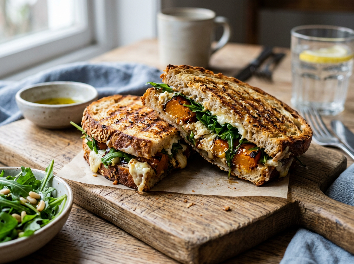 Grilled sandwich with roasted vegetables, arugula, and melted cheese on wooden board