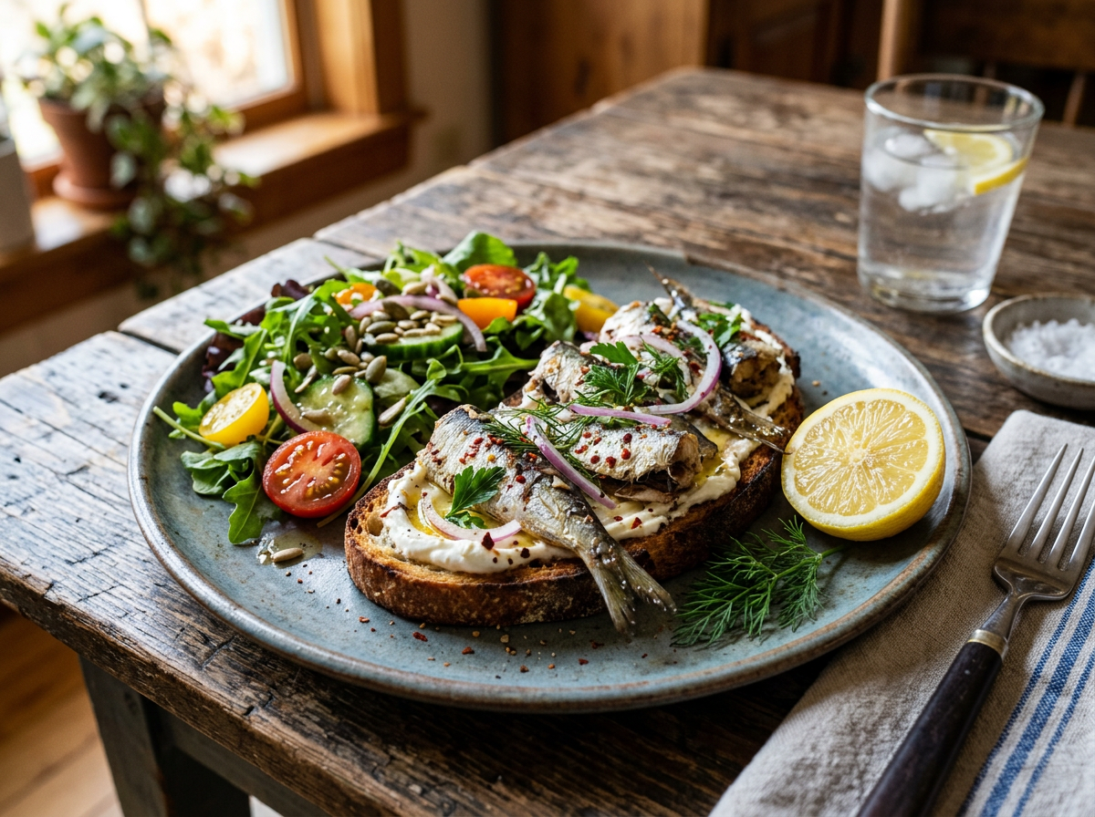 Open-faced sandwich with fish, cream spread, red onion, parsley, and mixed salad with tomatoes and seeds