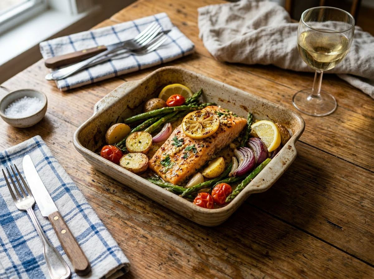 Three baked salmon fillets topped with lemon slices, surrounded by roasted potatoes, asparagus, cherry tomatoes, and red onions in a baking dish