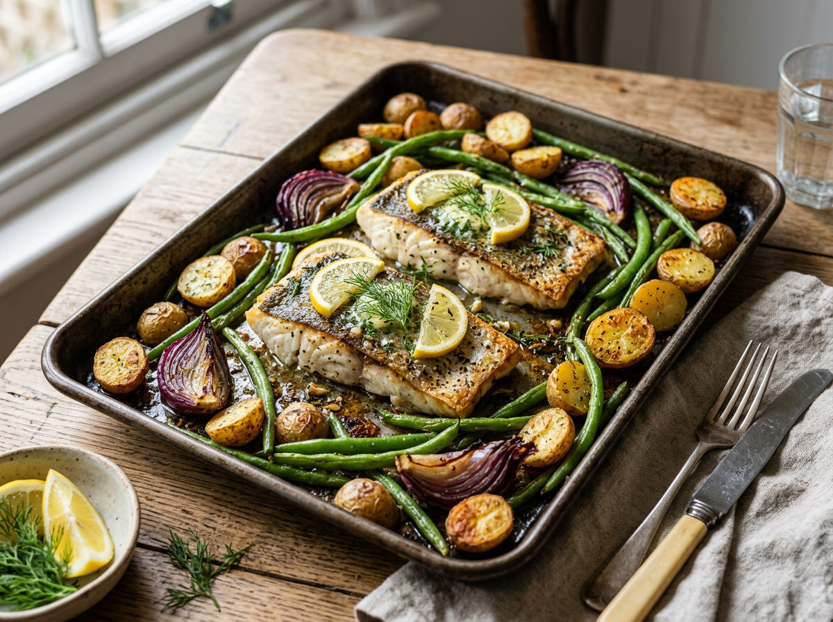 Oven-roasted salmon fillets topped with lemon slices served with green beans, halved baby potatoes, and red onion on a baking sheet