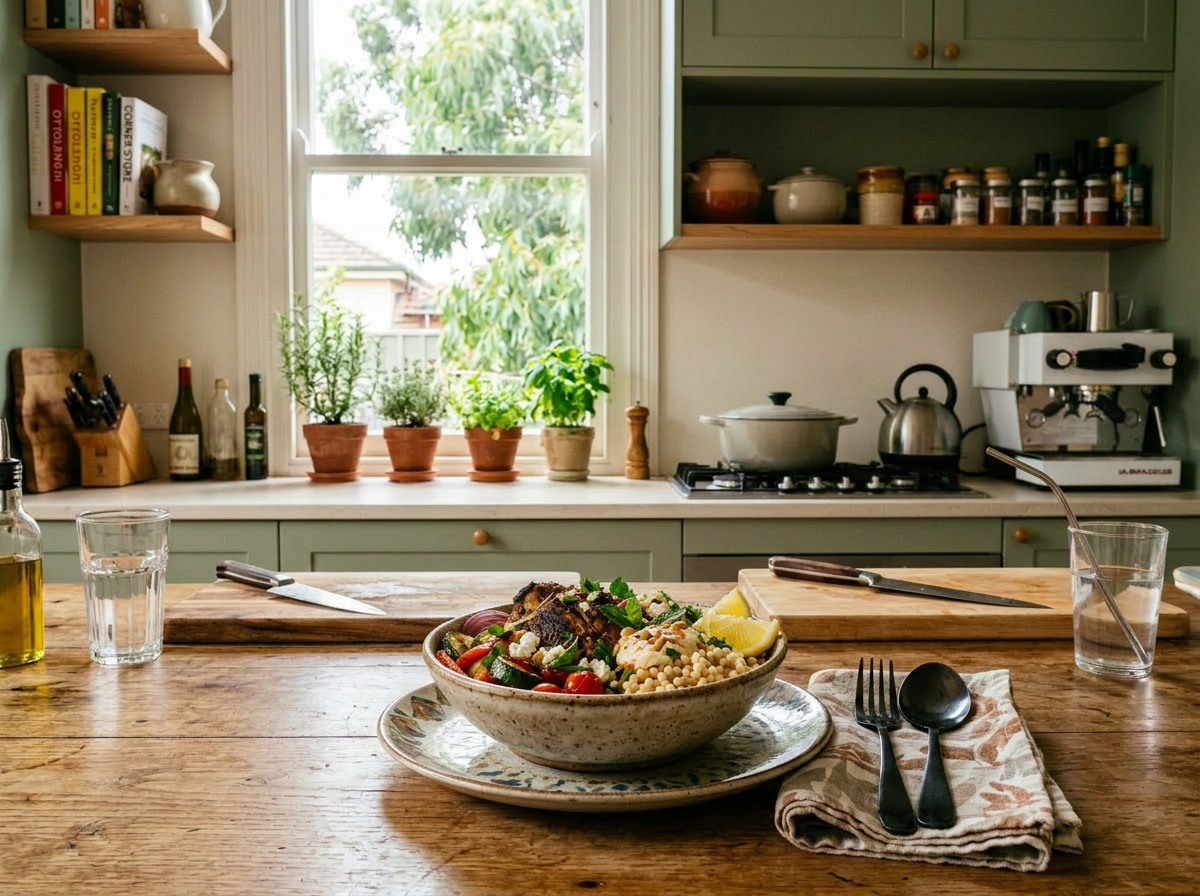 Bowl of couscous and roasted vegetables on wooden kitchen table with utensils and herbs in background