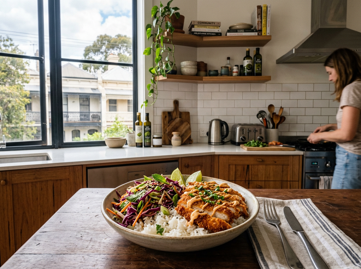 Plate with rice, salad, fried chicken, and lime wedges on kitchen table with person cooking in background