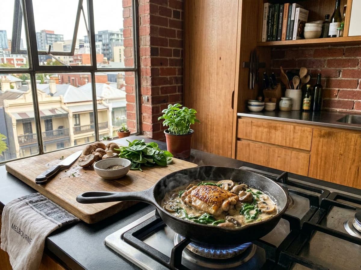 Skillet on stove cooking creamy chicken with mushrooms and spinach