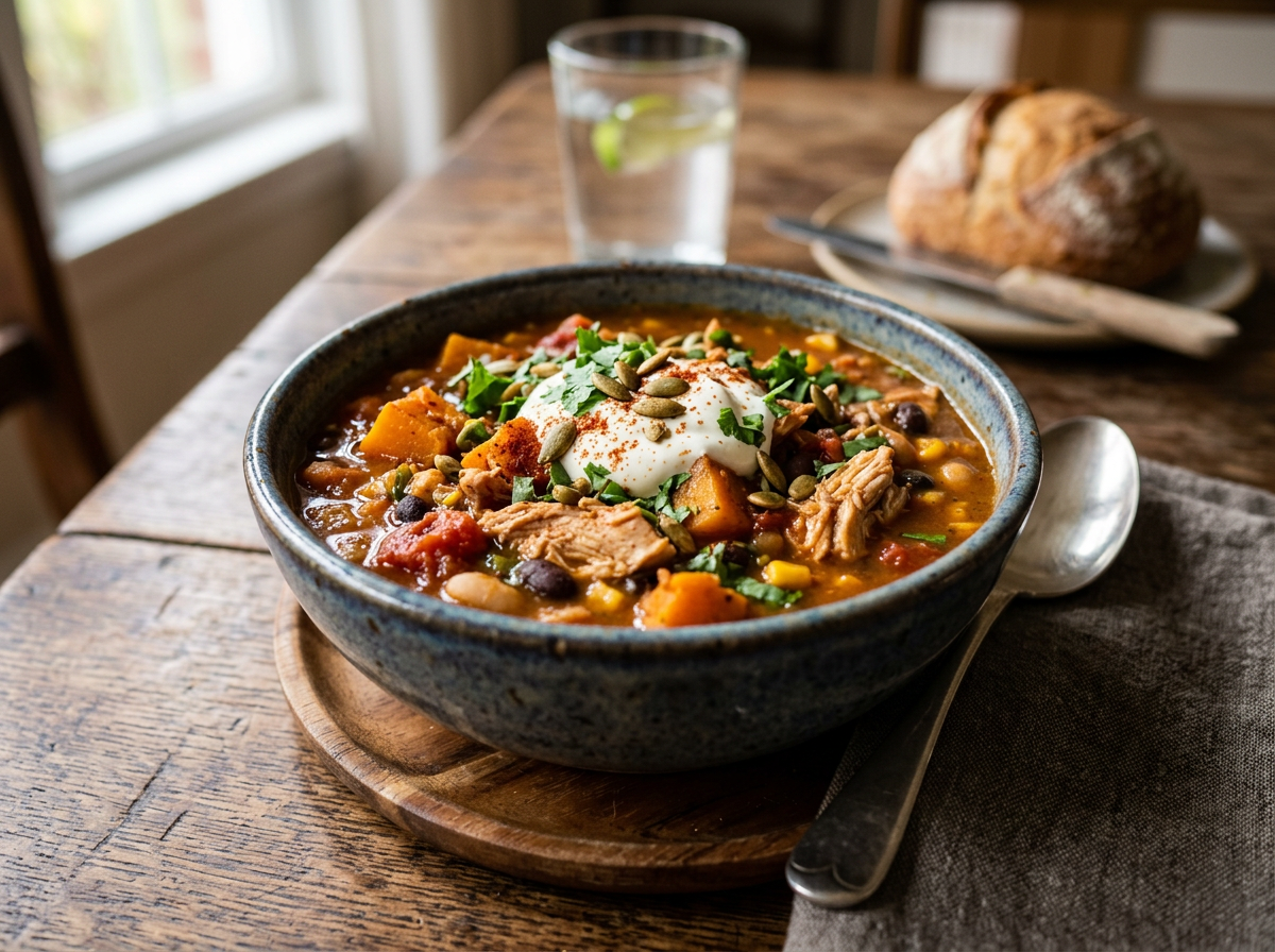 Bowl of chicken chili with beans, corn, diced tomatoes, topped with sour cream, pumpkin seeds, and chopped herbs