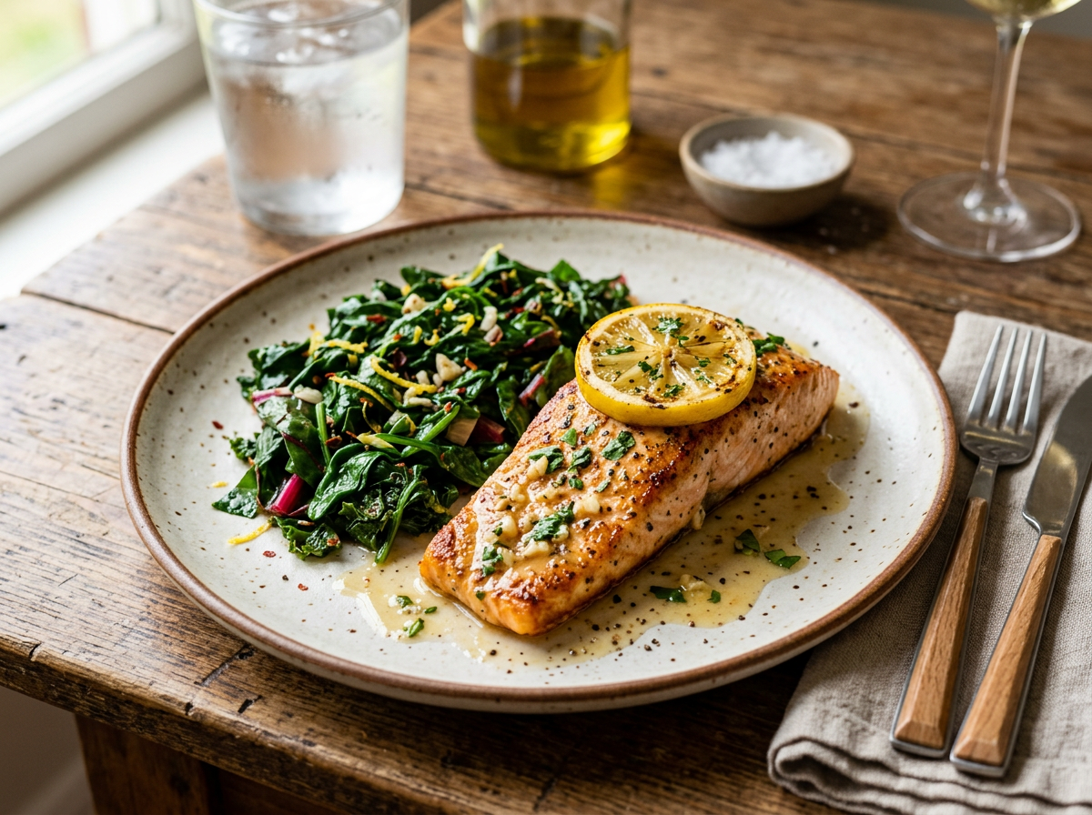 Seared salmon fillet with lemon slice and herbs next to sautéed leafy greens on a ceramic plate