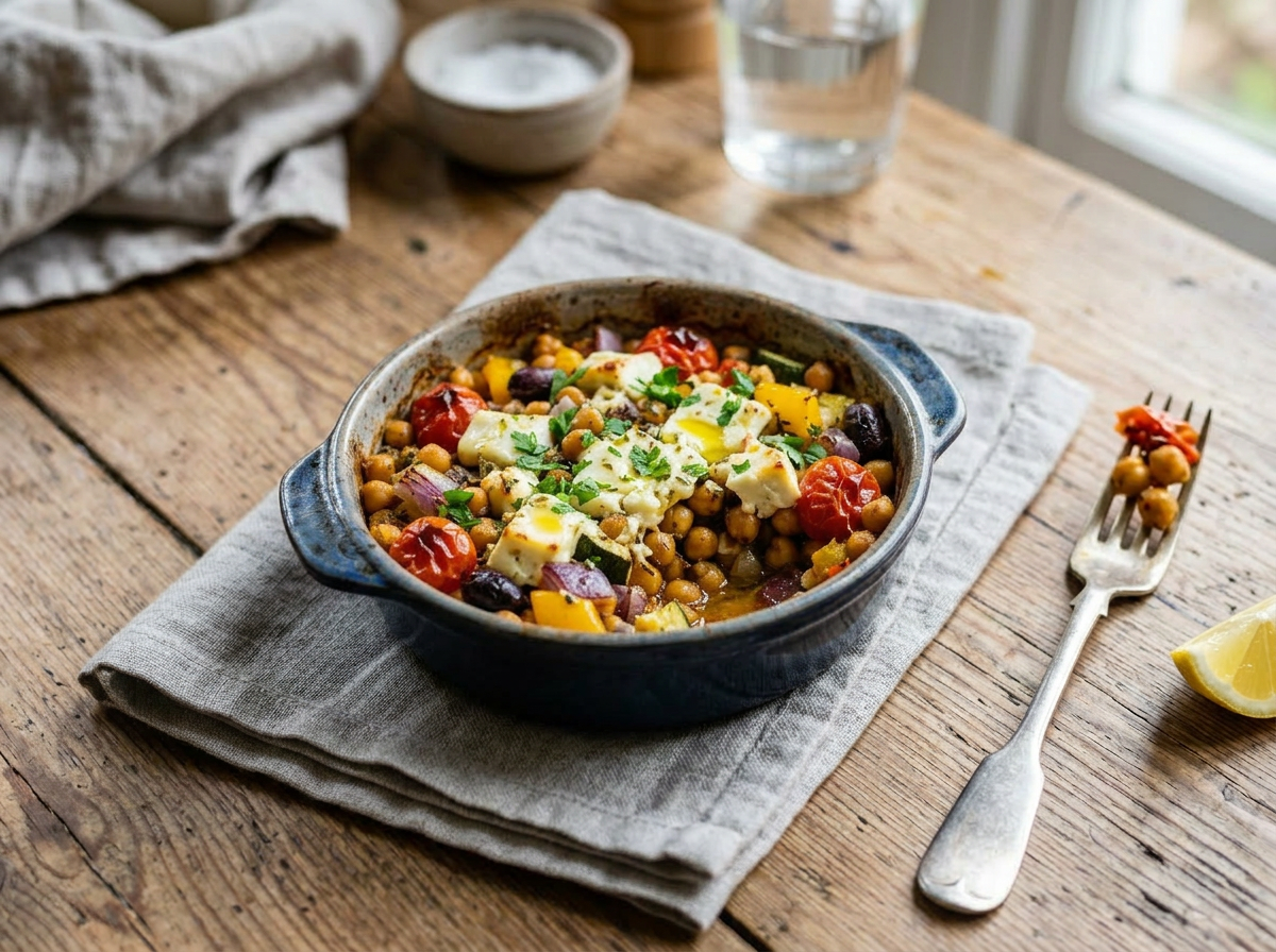 Baked chickpeas with feta cheese, cherry tomatoes, olives, and herbs in a ceramic dish