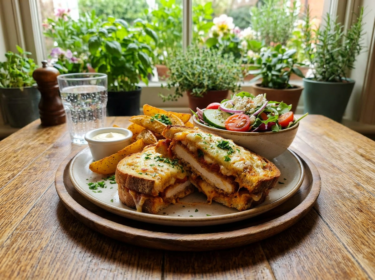 Grilled sandwich with melted cheese, potato wedges, dipping sauce, and salad