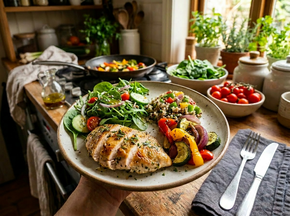 Plate with sliced grilled chicken, quinoa, fresh salad, and roasted vegetables on a kitchen counter