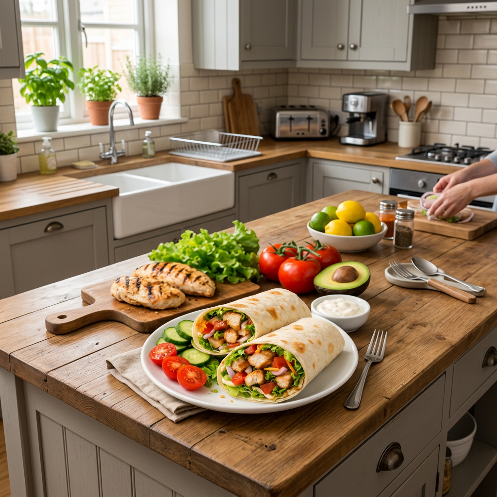 Two chicken wraps with lettuce, tomatoes, and cucumbers on a plate next to grilled chicken breasts and fresh produce on a kitchen counter