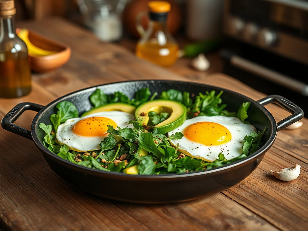 One-Pan Greens & Eggs with Avocado (Lutein Breakfast-for-Dinner)