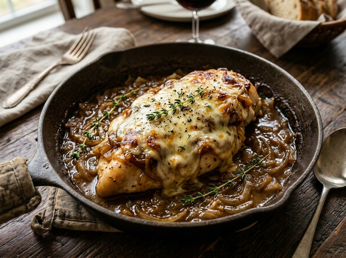Chicken breast with melted cheese and onion gravy in a cast iron skillet topped with fresh thyme