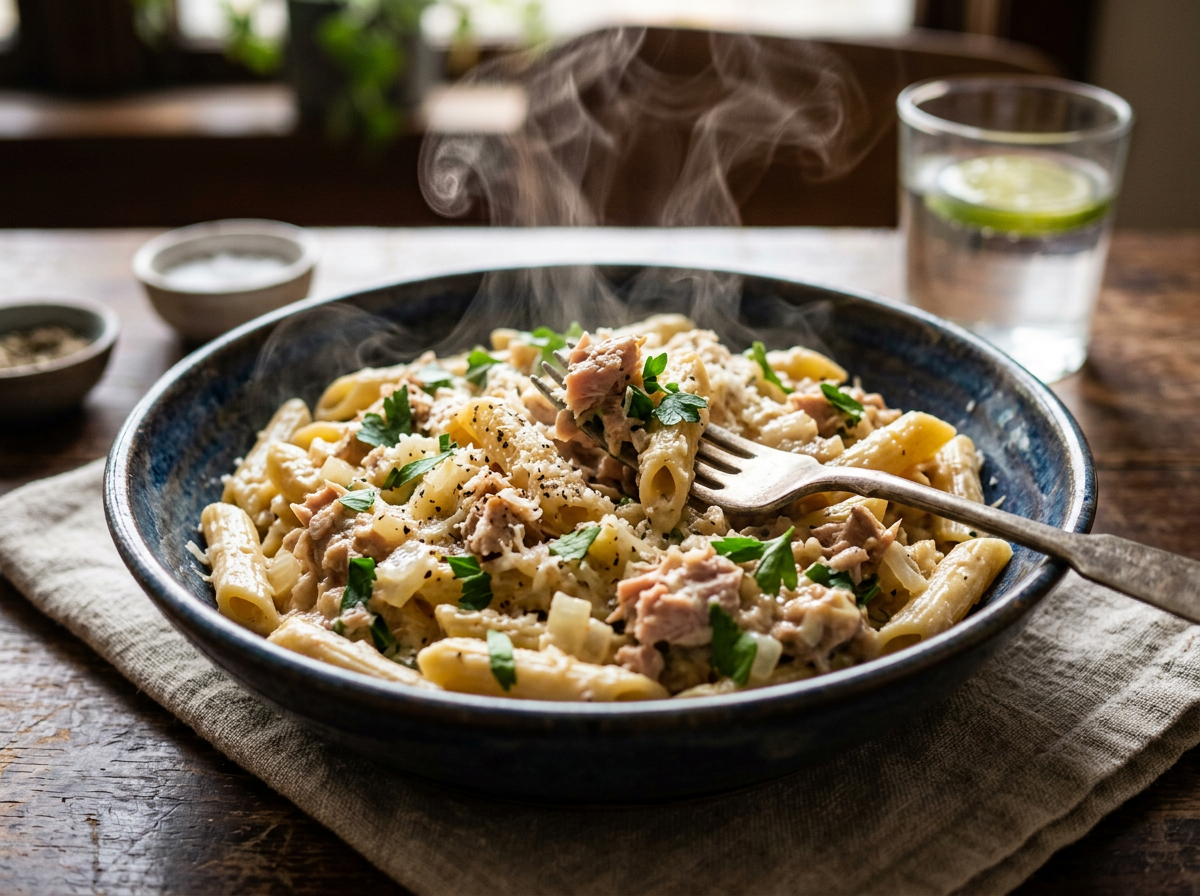 Steaming penne pasta with herbs and meat in a blue bowl