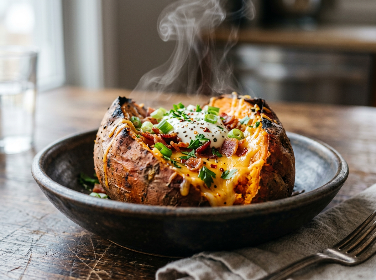 Baked sweet potato with melted cheese, sour cream, bacon bits, and chopped green onions