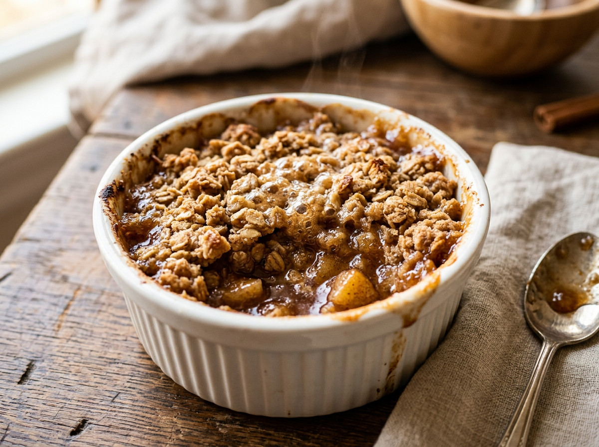 White ramekin filled with steaming apple crumble topped with golden baked oats