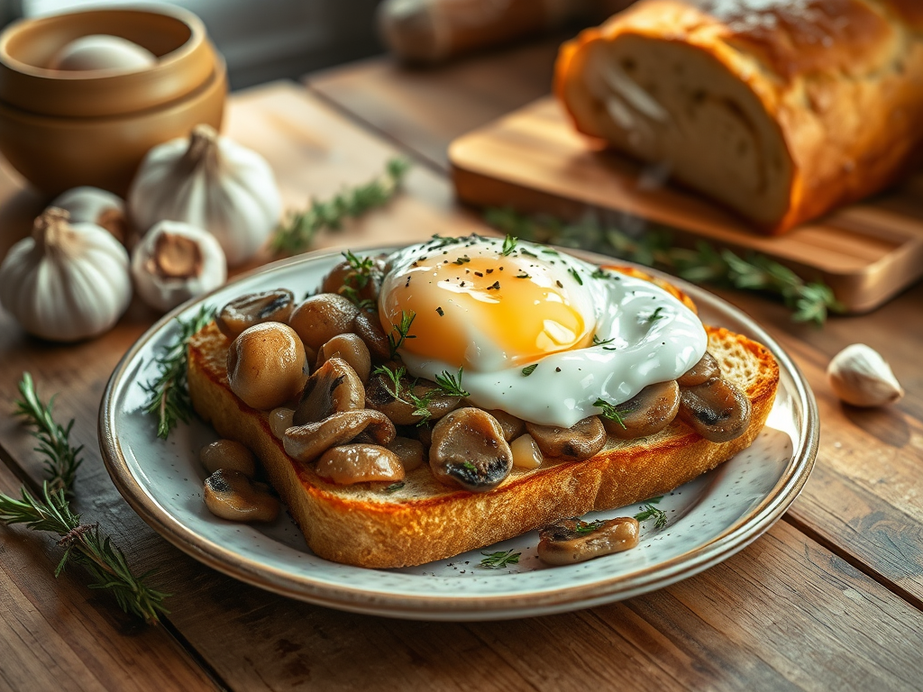 Garlic Mushroom & Thyme Toast with Poached Egg (Healthy Winter Meal for One)