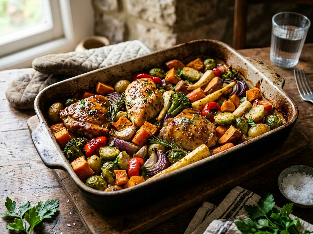 Honey Mustard Chicken & Autumn Vegetables Tray Bake (For One)