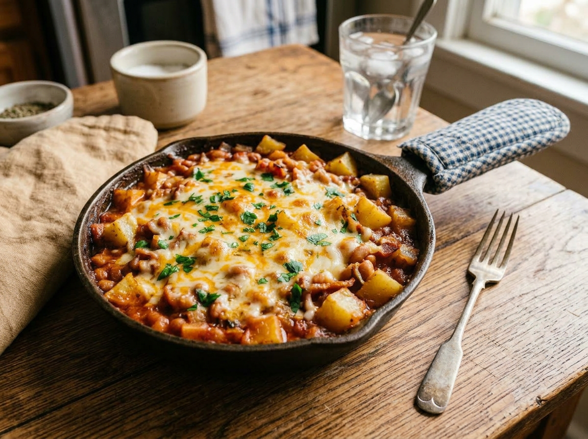 Cheesy Baked Beans & Potato Skillet (For One)