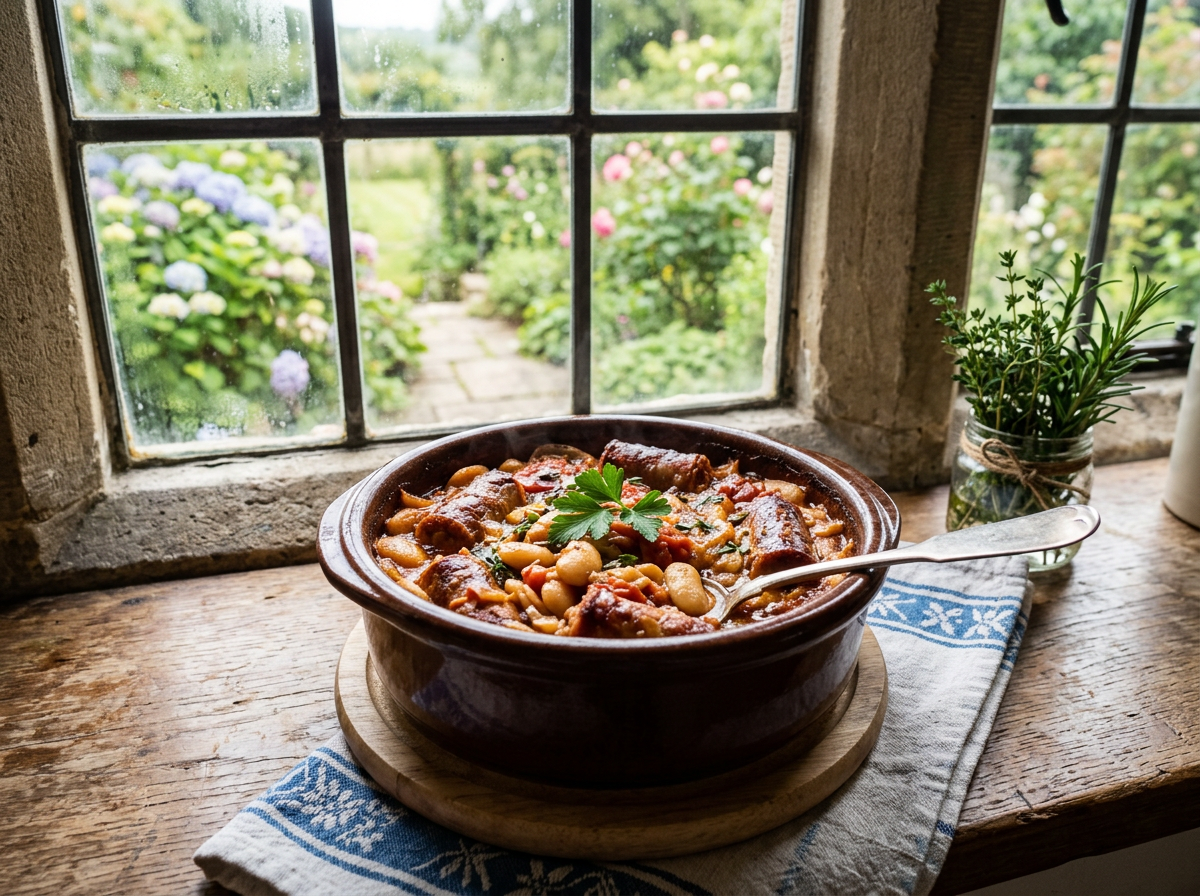 Rustic bowl filled with sausage and bean stew on wooden windowsill with garden outside